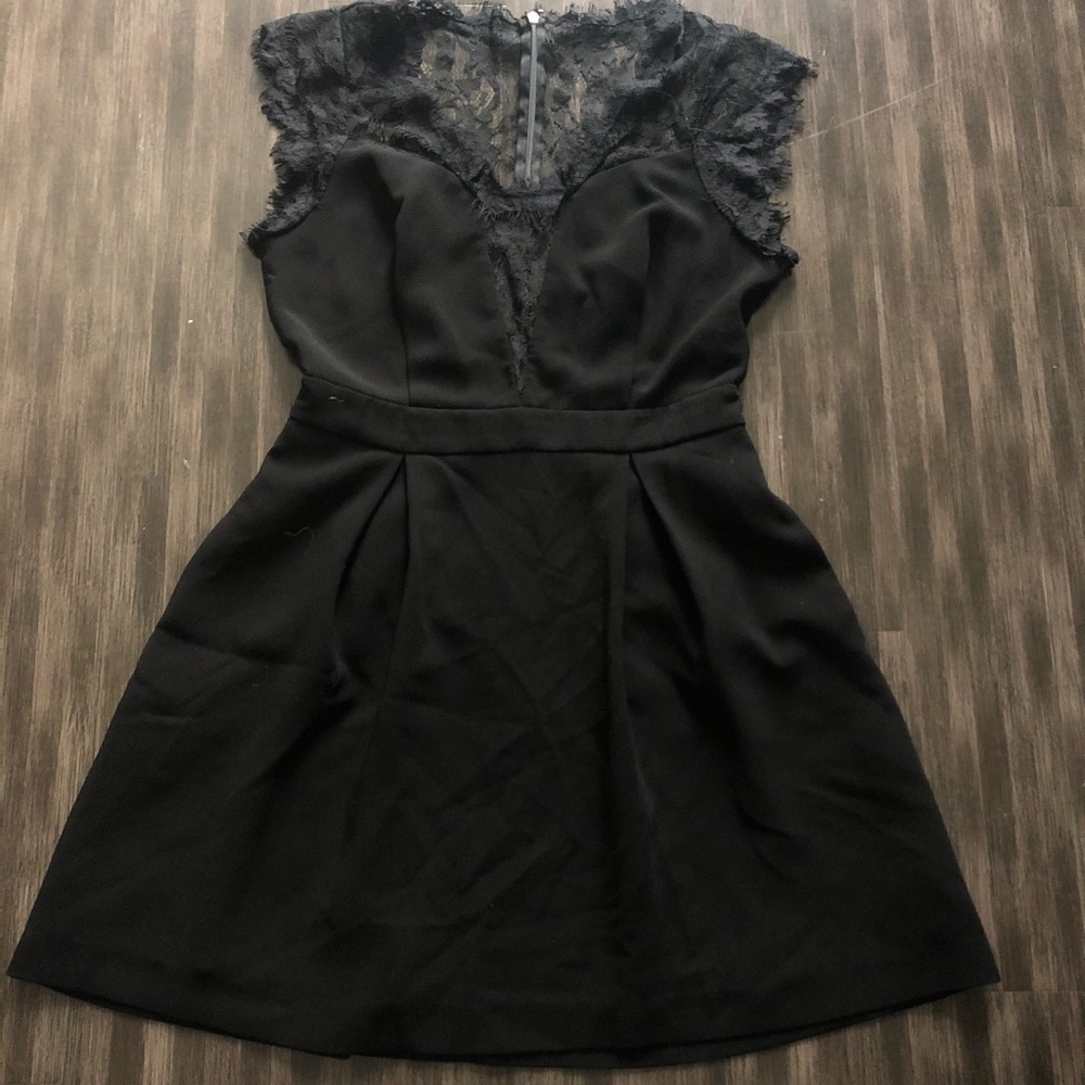 BCBG black lace dress with pleated skirt